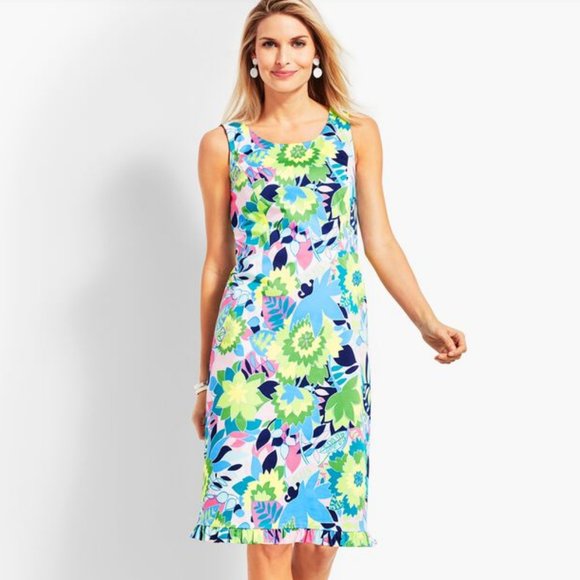 Tropical Kelly Green Sateen Sleeveless Sheath Dress w/ Ruffle Hem Talbots 6 P - Picture 3 of 8